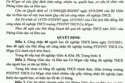 Quyết định của PGD-ĐT Cư M’gar V/v phê duyệt kết quả tốt nghiệp THCS Năm học 2020-2021 của Trường PTDTNT THCS Cư M’gar