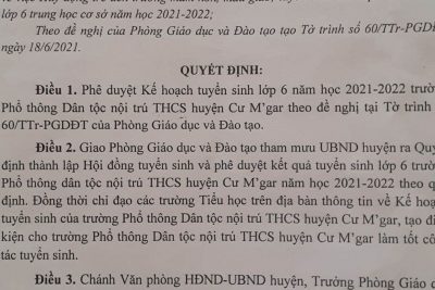 Quyết định UBND huyện Cư M’gar V/v phê duyệt kế hoạch tuyển sinh vào lớp 6 năm học 2021-2022 của trường PTDTNT THCS Cư M’gar