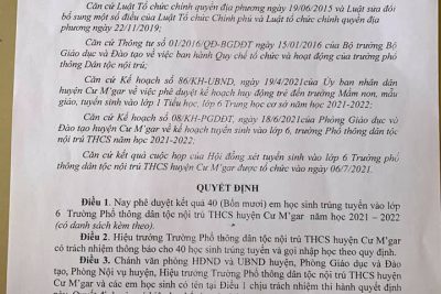 Quyết định của UBND huyện Cư M’gar về phê duyệt danh sách HS trúng tuyển vào lớp 6 trường PTDTNT THCS Cư M’gar năm học 2021-2022