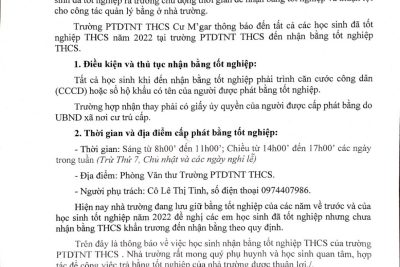 Thông báo: Nhận bằng tốt nghiệp THCS năm 2022