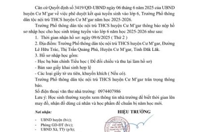 QUYẾT ĐỊNH, DANH SÁCH VÀ THÔNG BÁO HỌC NHẬP HỌC LỚP 6 TRƯỜNG PTDTNT THCS HUYỆN CƯ M’GAR NĂM HỌC 2025 -2026